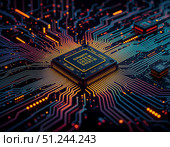 Electronic board with intricately arranged chips, wires, and bright yellow and red LEDs. Стоковое AI-изображение, AI-художник Iva Noel / Фотобанк Лори