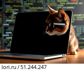 Милый кот в очках как шпион использует ноутбук для взлома информации, просунув голову сквозь черный экран ноутбука. Концепция безопасности в интернете. Есть место для текста./ The hacker cat trying to steal personal data. Concept of hacking, breaking in and stealing personal data and business secrets. Online security. Copy space. Стоковое AI-изображение, AI-художник Iva Noel / Фотобанк Лори
