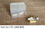 The weekly transparent pill box is designed for convenient and efficient daily storage of dietary supplements and pills. The woman's finger points to the capsule compartment. Стоковое видео, видеограф worker / Фотобанк Лори