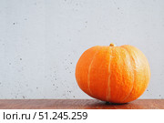 Orange pumpkin on brown wooden table and against gray concrete wall. Copy space. Стоковое фото, фотограф Зарифа Арсланова / Фотобанк Лори