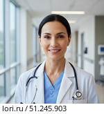 Profession doctor - portrait of a young happy woman in a work coat. AI generated. Стоковое AI-изображение, AI-художник Андрей Аркуша / Фотобанк Лори