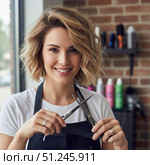 Profession hairdresser woman - portrait of a young girl at work. Generated by AI. Стоковое AI-изображение, AI-художник Андрей Аркуша / Фотобанк Лори