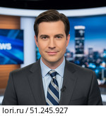 Profession announcer on television - portrait of a young man in a jacket. AI generated. Стоковое AI-изображение, AI-художник Андрей Аркуша / Фотобанк Лори