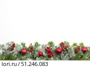 Christmas card with fir branches and Christmas decorations. Стоковое фото, фотограф Ирина Толокновская / Фотобанк Лори
