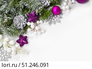 Christmas card with fir branches and Christmas decorations. Стоковое фото, фотограф Ирина Толокновская / Фотобанк Лори