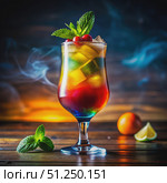Colorful Layered Cocktail With Mint Garnish on Wooden Tabletop. Generative AI. Стоковое AI-изображение, AI-художник Roman Zavorotny / Фотобанк Лори