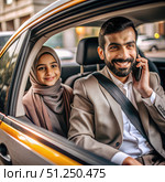 Taxi Service Boss Making a Call While Riding in a Car With a Woman. Generative AI. Стоковое AI-изображение, AI-художник Roman Zavorotny / Фотобанк Лори