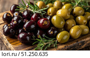 Black and green olives with rosemary on rustic wooden board. Стоковое фото, фотограф David Kashakhi / Фотобанк Лори