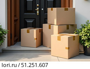 Stylish, uncluttered living space with stacked boxes and a plant, representing the process of moving or home setup. Стоковое AI-изображение, AI-художник Ирина Старикова / Фотобанк Лори