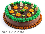 Top View of a Halloween Graveyard Cake With Pumpkins and Ghosts. Generative AI. Стоковое AI-изображение, AI-художник Roman Zavorotny / Фотобанк Лори