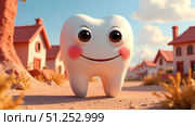 Cheerful cartoon tooth with a smile standing in the middle of a fairytale town. Стоковое фото, фотограф Екатерина Кузнецова / Фотобанк Лори