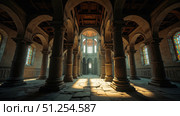 Sunlight illuminating columns and arches in ancient cathedral. Стоковое фото, фотограф David Kashakhi / Фотобанк Лори