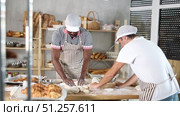 Two male bakers cutting dough and rolling it out. Стоковое видео, видеограф Яков Филимонов / Фотобанк Лори