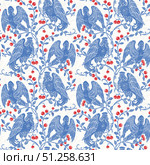 Seamless Slavic Mythology Alkonost Bird-Woman Pattern , Vintage Folk Art Wallpaper Design with Ornamental Branches and Berries. Стоковая иллюстрация, иллюстратор Анастасия Лембрик / Фотобанк Лори