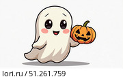 Cute ghost with jack o lantern in graphic style on white background for halloween celebration. AI generative. Стоковое AI-изображение, AI-художник Роман Дзюбало / Фотобанк Лори