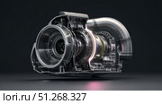 Turbocharger with cutaway revealing complex internal components, illuminated by a pink light, highlighting engineering and performance enhancement in automotive technology. Стоковое AI-изображение, AI-художник Юрий Поздников / Фотобанк Лори