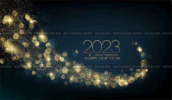 2023 Happy New year with Abstract shiny color gold wave design element and glitter effect on dark background. For Calendar, poster design. 2023 New Year Abstract shiny color gold wave design element. Стоковая иллюстрация, агентство Ingram Publishing / Фотобанк Лори