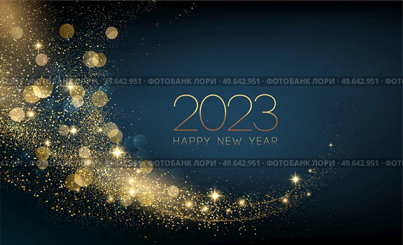 2023 Happy New year with Abstract shiny color gold swirl design element and glitter effect on dark background. Round frame For Calendar, poster design. 2023 New Year Abstract shiny color gold wave design element. Стоковая иллюстрация, агентство Ingram Publishing / Фотобанк Лори