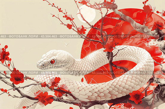 2025 Chinese New Year of the snake. Traditional Chinese art drawing of a white and red snake. Generative AI. Стоковое AI-изображение, AI-художник Чемакина Екатерина / Фотобанк Лори