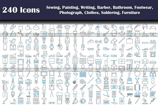 240 Icons Of Sewing, Painting, Writing, Barber, Bathroom, Footwear, Photograph, Clothes, Soldering, Furniture. Editable Bold Outline With Color Fill Design. Vector Illustration. Стоковая иллюстрация, агентство Ingram Publishing / Фотобанк Лори