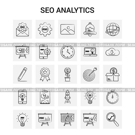 25 Hand Drawn SEO Analytics icon set. Gray Background Vector Doodle. Стоковая иллюстрация, агентство Ingram Publishing / Фотобанк Лори