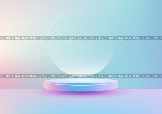3D Blue Podium with Soft Gradient Background, Minimalist Product Display Mockup, Elegant and Modern Scene with Floating Translucent Circle, Abstract and Stylish Design for Showroom Showcase. Стоковая иллюстрация, агентство Ingram Publishing / Фотобанк Лори
