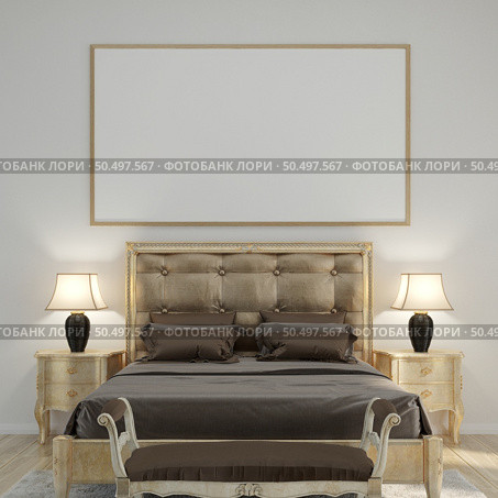 3D illustration Design modern interior bedroom with mockup picture frame on the wall over bed with bedding and cosy furniture, Scandinavian style, 3D rendering. Стоковое фото, агентство Ingram Publishing / Фотобанк Лори
