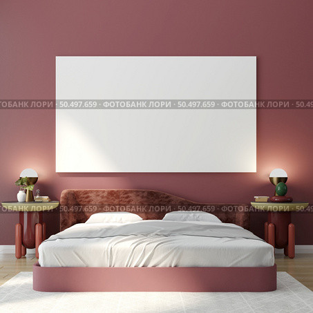 3D illustration Design modern interior bedroom with mockup picture frame on the wall over bed with bedding and cosy furniture, Scandinavian style, 3D rendering. Стоковое фото, агентство Ingram Publishing / Фотобанк Лори