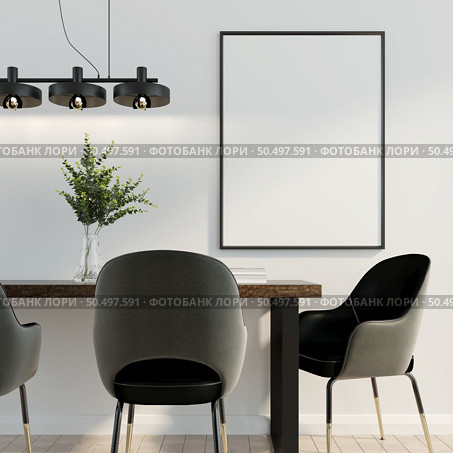 3D illustration interior dining room with comfortable chair and table. Mockup poster frame in spacious with Minimalist dining room design. rendering . Стоковое фото, агентство Ingram Publishing / Фотобанк Лори