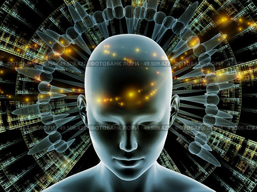 3D Illustration. Mind Halo series. Virtual human head against background of radiating abstract elements on the subject of thinking, brain activity, artificial intelligence, mental resources and inner world. Стоковое фото, агентство Ingram Publishing / Фотобанк Лори