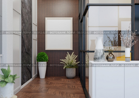 3D illustration, Mockup photo frame in living room, Interior and decorate in minimal style with houseplant in pot, rendering. Стоковое фото, агентство Ingram Publishing / Фотобанк Лори