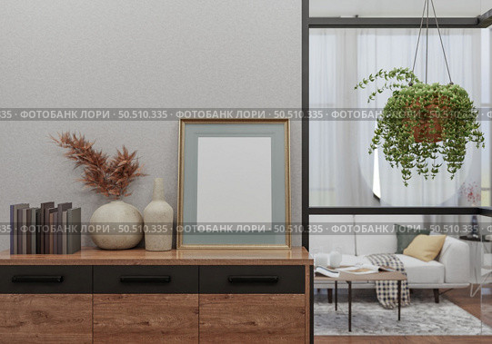 3D illustration, Mockup photo frame on cabinet in living room, Interior of comfortable with luxury furniture and decorate in minimal style with houseplant in pot, rendering. Стоковое фото, агентство Ingram Publishing / Фотобанк Лори