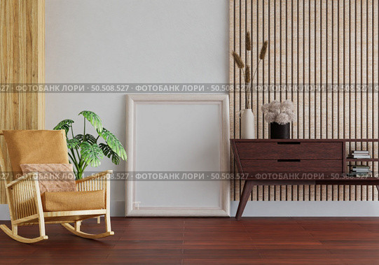 3D illustration, Mockup photo frame on the floor of living room, Interior with houseplant, vases and beautiful furniture, rendering. Стоковое фото, агентство Ingram Publishing / Фотобанк Лори