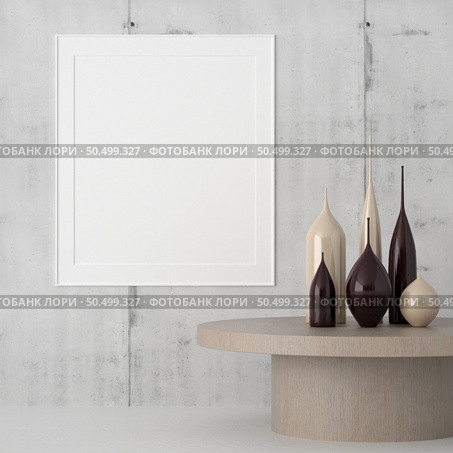 3D illustration mockup photo frame on the wall in living room, minimal style interior with modern furniture decoration concept, rendering. Стоковое фото, агентство Ingram Publishing / Фотобанк Лори