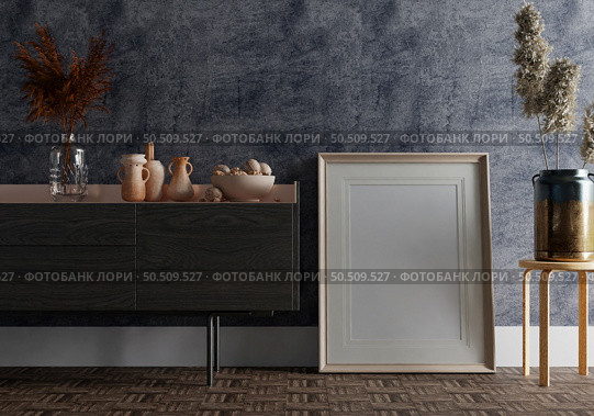3D illustration, Mockup photo frame on the wall of living room, Interior with houseplant, vases and beautiful furniture, rendering. Стоковое фото, агентство Ingram Publishing / Фотобанк Лори