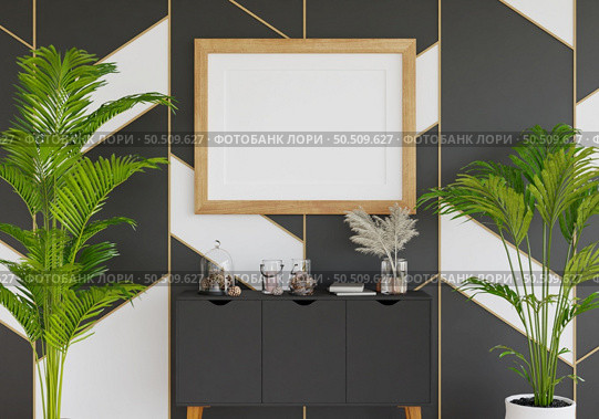 3D illustration, Mockup photo frame on the wall of living room, Interior with houseplant, vases and beautiful furniture, rendering. Стоковое фото, агентство Ingram Publishing / Фотобанк Лори