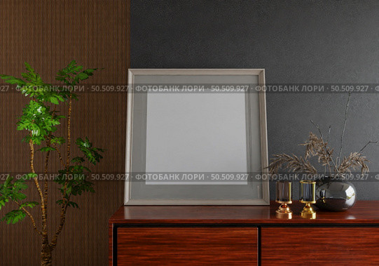 3D illustration, Mockup photo frame on the wall of living room, Interior with houseplant, vases and beautiful furniture, rendering. Стоковое фото, агентство Ingram Publishing / Фотобанк Лори