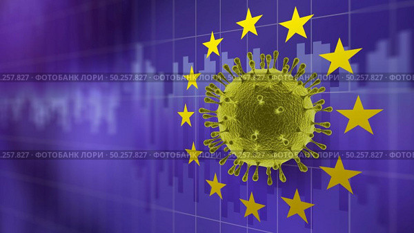 3D model of Coronavirus molecule in the center of round stars symbol of EU on the purple background of changing graphs financial market. Coronovirus pandemic and financial economic crisis concept.. Molecule of Coronavirus in the center of EU symbol on the background of stock market graphs. Стоковое фото, агентство Ingram Publishing / Фотобанк Лори