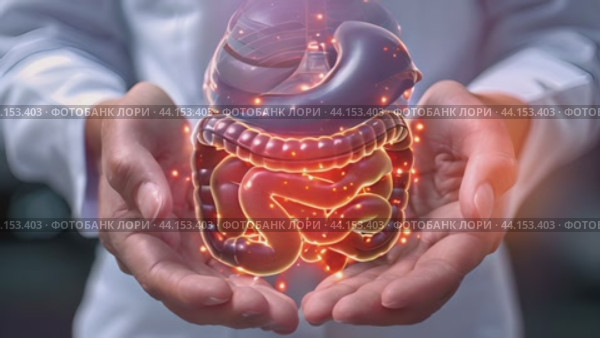 3D Model of the Human Digestive System in a Person's Hands. Стоковое AI-видео, аниматор Климов Денис / Фотобанк Лори
