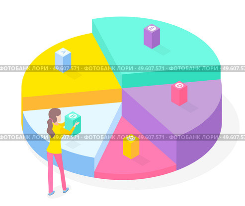 3d pie diagram, pie chart. Isometric infographics. Financial strategy. Visual presentation. Analysis info, statistic. Digital marketing. Sliced diagram. Woman analysing variant b. Infochart isolated. 3d pie diagram, pie chart, isometric infographics, financial strategy, woman analysing variant b. Стоковая иллюстрация, агентство Ingram Publishing / Фотобанк Лори