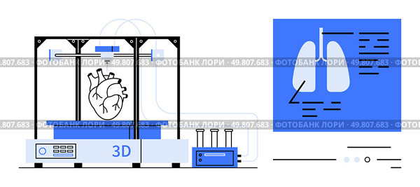3D printer fabricating heart model alongside test tubes and lung diagram. Ideal for medical technology, healthcare innovation, bioengineering, educational purposes, laboratory research, 3D printing. 3D Printer Creating Human Heart Model with Lab Equipment and Anatomical Lung Diagram. Стоковая иллюстрация, агентство Ingram Publishing / Фотобанк Лори