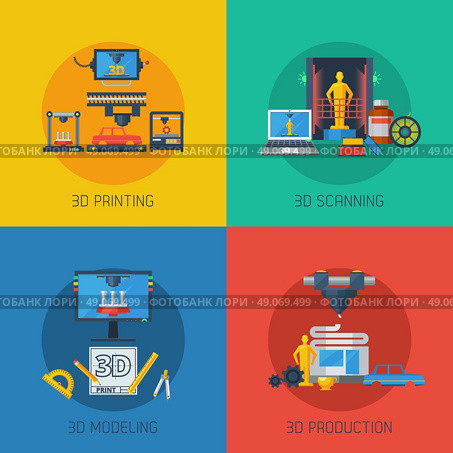 3D Printing Flat Icons Square Composition . 3d manufacturing process 4 flat icons square composition from scanning prototype to objects production abstract vector illustration. Стоковое фото, агентство Ingram Publishing / Фотобанк Лори