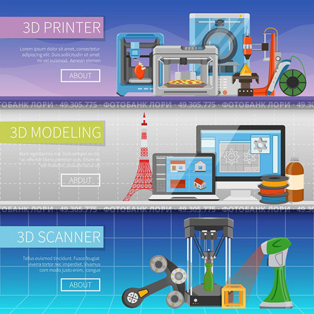 3D Printing Horizontal Banners. 3D printing horizontal banners with place for text information about modeling program scanning process and printer types  flat vector illustration. Стоковая иллюстрация, агентство Ingram Publishing / Фотобанк Лори