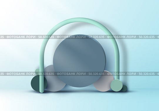 3D realistic set circles geometric group form backdrop mockup on soft blue background with lighting. Vector illustration. Стоковая иллюстрация, агентство Ingram Publishing / Фотобанк Лори
