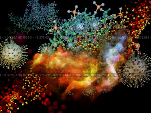3D Rendering of  Coronavirus virus particle and three-dimensional abstract molecular elements on the subject of interaction of viral bodies and micro environment or immune system. Стоковое фото, агентство Ingram Publishing / Фотобанк Лори