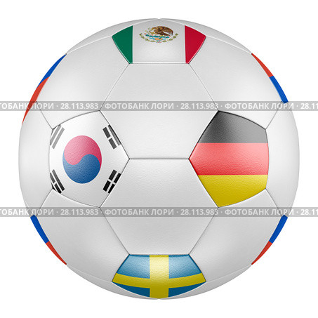 3D soccer ball with group F flags of Germany, Mexico, Sweden, Korea Republic on white background. Match between Korea Republic and Germany. Стоковая иллюстрация, иллюстратор LVV / Фотобанк Лори