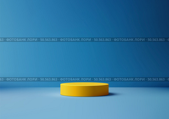 3D Vibrant Yellow Podium Against Calming Blue Background, Modern Product Display Mockup for Artwork Showcase, Abstract Design with Elegant and Trendy Style. Стоковая иллюстрация, агентство Ingram Publishing / Фотобанк Лори