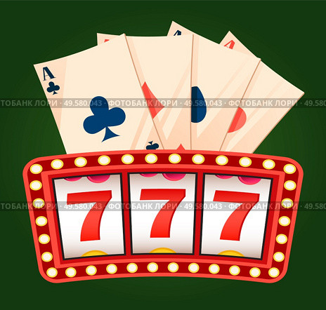 777 icons and deck of ace playing cards on green color. Roulette signboard with lightbulb, gambling entertainment, label of casino, business success vector. Casino Label, Business Success, 777 Win Vector. Стоковая иллюстрация, агентство Ingram Publishing / Фотобанк Лори