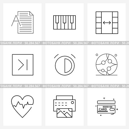 9 Interface Line Icon Set of modern symbols on alarm, last, adjust, forward, view Vector Illustration. Стоковая иллюстрация, агентство Ingram Publishing / Фотобанк Лори