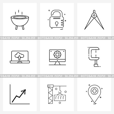 9 Interface Line Icon Set of modern symbols on wrench, computer maintenance, dividers, computer configuration, cloud Vector Illustration. Стоковая иллюстрация, агентство Ingram Publishing / Фотобанк Лори